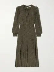 [Alessandra Rich] Alessandra Rich - Bow-detailed Polka-dot Silk Crepe De Chine Midi Dress - Army green - IT42 IT 42 Green