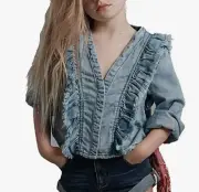 New One Teaspoon Kids Captain Shirt Girls 7-8 Blue Denim Ruffle Top Florence