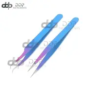 2 Pieces Straight And Curved Tip Tweezer Eyelash Extension,Sky Blue & Pink Color