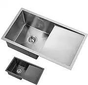 ALFORDSON 304 Stainless Steel Kitchen Sink with Drainboard, 870x 450x 205mm, Water Basin Sinks with 3mm Thick Edge, Single Spacious Bowl with Waste Strainer, Dishwashing Workstation, Silver Color