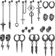 [Kakonia] 22Pcs Dangle Earrings for Men Stainless Steel Hinged Hoop Earrings Long Chain Stud Cross Dangle Earrings Set Kpop Earrings for Mens Black, Silver and Gold