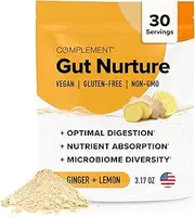 Complement Gut Nurture Prebiotic + Postbiotic Superfood Powder for Healthy Gut Microbiome, Pre-Fermented Vitamins & Ginger Root - Gut Health, Digestion, Immune System - Vegan - 30 Servings