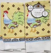 SET OF 2 SAME KITCHEN PRINTED TOWELS (15" x 25") WHIMSICAL ROOSTER ON YELLOW, BH