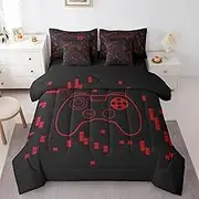 Feelyou Gamer Bedding Set 7Pcs Full Size Kids Video Game Gamepad Comforter Set with Sheets for Boys Girls Building Blocks Bed in a Bag Soft Lightweight,Red Microfiber