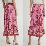 Tahari Pink Tiered Drawstring Waist Maxi Skirt XS Satin Feel Floral Boho Hippie