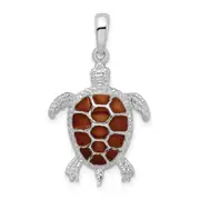 Sterling Silver De-Ani Rhodium-Plated Polished Enameled Brown Sea Turtle Pendant