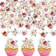 60 Pack Edible Valentines Day Cupcake Toppers Sweet Love Rose Flower Cupcake Picks Happy Valentine's Day Cake Decorations for Valentine's Day Theme Party Supplies Colorful