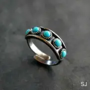 Boho Native American Turquoise Elegance Adjustable Sterling Silver Ring Band, G