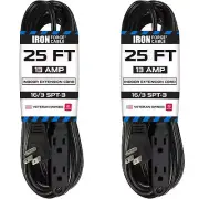 2 Pack 25 ft Flat Plug Black Extension Cord 3 Outlet Power Strip 16/3 Flat Ca...