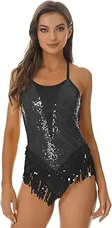 [Vxuxlje] Womens Shiny Sequins Tassel Latin Jazz Dance Leotard Bodysuit Mesh Patchwork Dance Costume