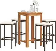 Garden Bar Set Solid Acacia Wood, Outdoor Bistro Set for Patio, Balcony, Porch, Apartment, Small Furniture, Rattan Wicker - 5 Piece