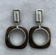 Authentic Vintage Givenchy Earrings Brown Lucite Swirl Brushed Silver 4Gs G Logo
