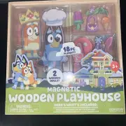 Bluey Magnetic Wooden Playhouse, 18 Piece Activity Set, Includes 2 Wooden Dol...