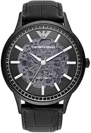 [Emporio Armani] Automatic Self-Winding Dress Watch with Stainless Steel Or Leather Band, Black Skeleton Dial Automatic, Automatic Watch