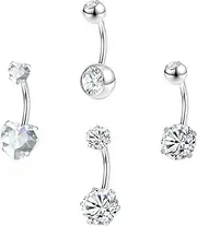 [ZS] 4Pcs Cubic Zircon Belly Button Ring Belly Button Piercing, 14G Stainless Steel Belly Ring Navel Ring, Long Bar Navel Barbell Stud Navel Piercing Jewelry for Women