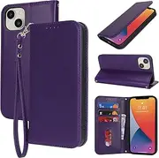 [Cavor] Wallet Case for iPhone 13/ iPhone 14 Case 6.1'' PU Leather Magnetic Flip Folio Cover with Card Slots Kickstand Wristlet Hand Strap Protective Phone Cases for Women Man-Dark Purple