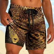 Men's Animal Leopard Print Lined Shorts 2 in 1 Board Shorts Swim Shorts Mid Waist Casual Vacation Holiday Side Pockets With Compression Liner Elastic Drawstrin