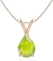 [Angara] Natural V-Bale Pear-Shaped Peridot Solitaire Pendant Necklace in Sterling Silver/14ct Solid Gold for Women | August Birthstone Jewellery for Her