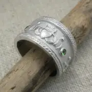 Size 9.5 Sterling Silver Roman Claddagh Ring Green CZs Made Ireland Boru Boxed