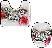 Toilet Lid Cover and U-Shaped Toilet Floor Mat Set of 2 Pieces, Butterfly Animal Insect Art Toilet Mat Set, Machine Washable Seat Covers Non-Slip Absorbent Rugs