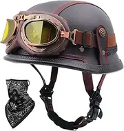 Vintage Motorcycle Helmet Leather Open Motorbike Half Helmet with Goggles and Face Towel Adult Men Women Half Shell Helmet DOT/ECE Approved Scooter Cruiser Moped 10,M(56-57CM)