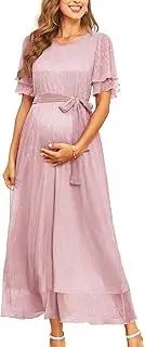 [AISWI] 2025 Maternity Sparkly Mesh Maxi Flowy Dress with Belt Ruffle Sleeves Pregnant Long Dress Baby Shower Photoshoot Formal