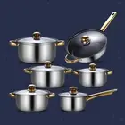 6x Stainless Steel with Glass Lid Frying Pan Cookware Set for Home Kitchen