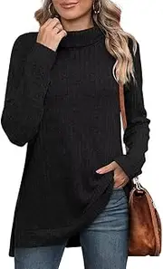 [ZPLxi] Women's Long Sleeve Tops Turtleneck Jumpers Fall Winter Vintage Sweaters 2025 Side Splits Tunic Tops (AU, Alpha, Small, Regular, Regular, Black)