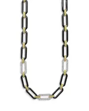 Lagos 18K Yellow & White Gold Signature Caviar Diamond & Black Ceramic Station Link Necklace, 18