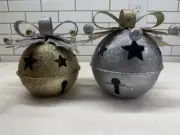 ILLUMINATED GINGLE BELLS HOLIDAY DECOR W/FLAMELESS CANDLES, 8" QVC, SET OF 2