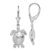 Sterling Silver De-Ani Rhodium-Plated Polished 3D Moveable Turtle Leverback Earrings