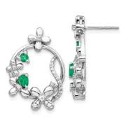 Solid 14k White Gold Simulated CZ & Emerald Flower Earrings