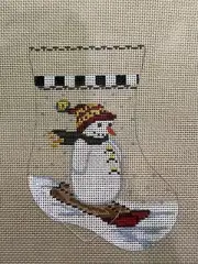 Hand Painted Needlepoint Canvas 18 CT MINI XMAS STOCKING ORNAMENT W/ SNOWMAN