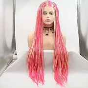 Xiweiya Micro Box Braids Wig Piano color Pink Red Mixed Yellow Braided Wig Glueless Synthetic Lace Front Wig Heat Resistant Fiber for Women Halloween Cosplay Party 28” for Women