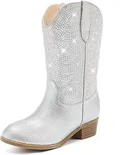 [Motasha] Rhinestone Sparkly Girls Cowgirl Cowboy Boots Little Kids Dress Boot Pointed Toes Low Heel Mid Calf Zipper Party Birthday Toddler to Big Kid