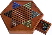Chinese Checkers Set, Wooden, Built-in Drawer for Marbles,with 60 Marbles(6 Colors), an Additional 12 Spare Marbles, Supports up to 6 Players, Classic Strategy Board Game (L, Colorful Glass Marbles)