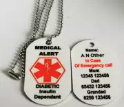 Personalised Medical Alert Necklace Diabetic insulin dependant