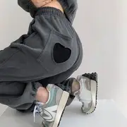Heart-Badge Drawstring Loose Harem Pants Powder Blue - M