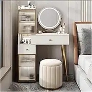White Makeup Vanity with Nightstand and Glass Shelves Dresser with Mirror and Chair Set Dressing Table with Storage Drawers