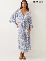 Monsoon Blue Cece V-Neck Woodblock Print Midi 100% Cotton Dress (F35276) | $159