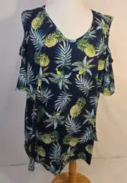 Sz 4X Allegrace Pullover Top. Ladies Cold Shoulder, Pineapple Print, New