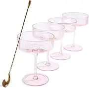 Pink Martini Glasses of 4, 10Oz Vintage Ribbed Cocktail Glassware Set, Golden Rim, Hand Blown Glasses,Unique Pink Couple Glasses for Champagne, Martinis, Wine