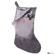 Boy Gnome Wearing Sequin Santa Hat & Beard 17IN Christmas Stocking, Grey White