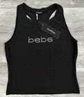 Bebe Ribbed Rhinestone Bling Logo Tank Top Stretchy Jet Black Size Large NEW