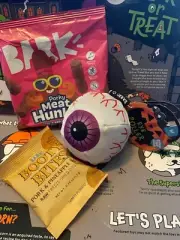 eye roller dog ball bark superchewer halloween M chew fetch toy + snacks