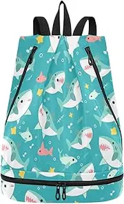 [sanluoli] Drawstring Cartoon Simple Blue Sharks gym bag trendy backpack gym bag with Wet Dry Compartments, Cartoon Simple Blue Sharks