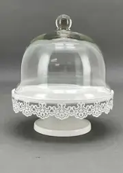 SET OF 4 VINTAGE ROUND WHITE METAL GLASS DOME DISPLAY LID CAKE DESSERT STAND