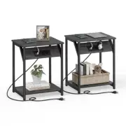 End Table with Charging Station, Set of Small Side Tables 2 Misty Gray + Black