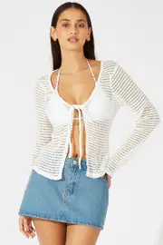 White Bolero Top Long Sleeve Front Tie - Size 12, Women's Bolero