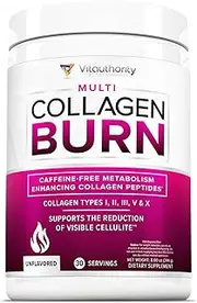 Multi Collagen Burn Multi-Type Hydrolyzed Collagen Protein Peptides with Hyaluronic Acid, Vitamin C, SOD B Dimpless, Types I, II, III, V and X Collagen, Olive Leaf Extract, Caffeine-Free, Unflavored